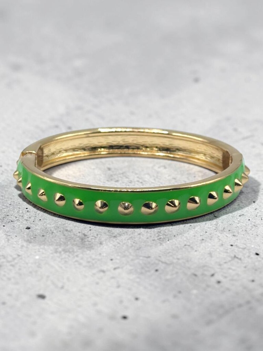 Gold-Tone Studded Hinged Bangle Bracelet with Green Enamel